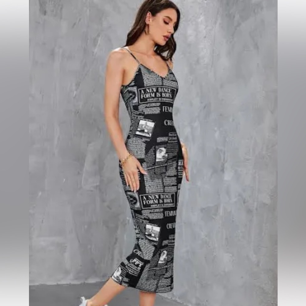 Shein Cami Black Long Slogan Pencil 18-35Y Sleeveless Spaghetti Strap